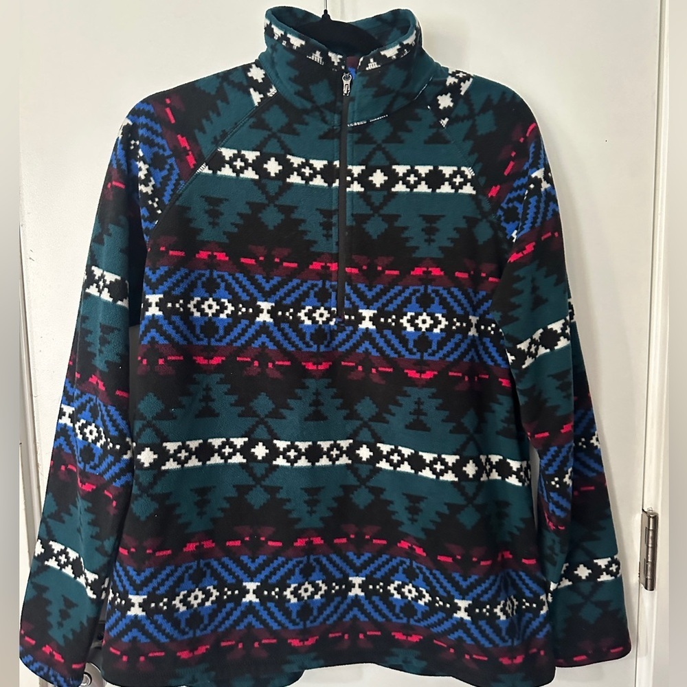 Eddie Bauer Teal, Black & Magenta Aztec Fleece Pullover Sweater